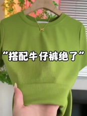 短袖ins夏露肚脐宽松小个子女t桖高腰露脐上衣薄款短款绿色t恤女