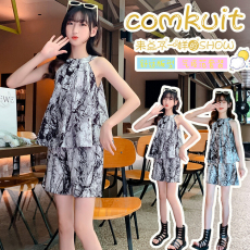 批发2023新款儿童网红洋气薄款夏季中大童女童复古挂脖套装夏装两件套