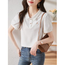 批发翻领字母设计休闲T恤女2026年夏季通勤百搭polo领纽扣<b class='q'>装</b>饰