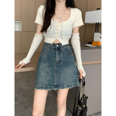 批发<b class='q'>复古</b>毛边牛仔半身裙女装裙子夏季2023年新款高腰显瘦百搭A字短裙