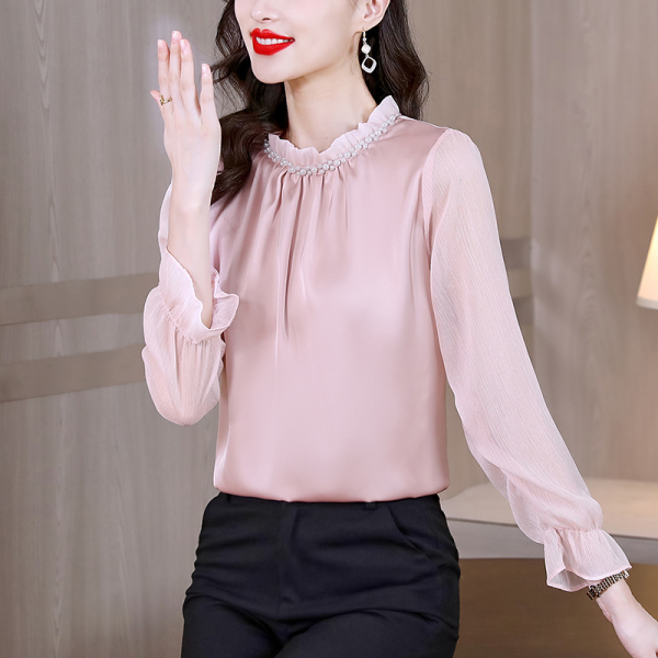 RM22415#法式衬衫女春季设计感高级雪纺衫2023新款立领上衣珍珠打底...