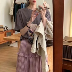 YNVN韩系高腰松紧腰格子半身裙女新款宽松显瘦休闲百搭上衣两件套