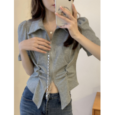 批发夏季设计不规则小众polo领<b class='q'>短袖</b>t恤大码胖妹妹双拉链显瘦上衣