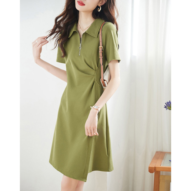 RM6047#Polo领绿色连衣裙2023夏设计感小众高腰显瘦A字褶皱裙女