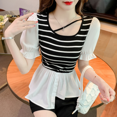 实拍现货2023年夏季新款时尚收腰不规则条纹拼接上衣女