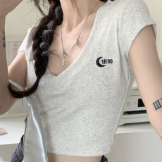 批发95棉/5氨纶 螺纹棉美式复古短袖t恤女修身辣妹纯欲露脐短款上衣