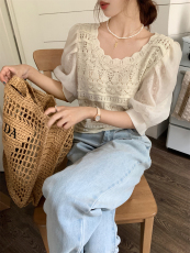 实拍实价~ 设计感小众独特钩花拼接蕾丝针织衫泡泡短袖圆领衬衫