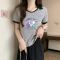 实拍大码女装2023夏季新韩版撞色翻领卡通印花辣妹短款童趣风上衣轮播图1