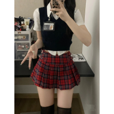 批发2023夏季新款 美式制服套装 针织背心格纹裙辣妹显身材收腰衬衫