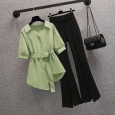 批发868#大码女装胖妹妹夏新款减龄显瘦气质衬衫喇叭裤两件套
