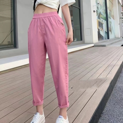 2023夏季薄款松紧腰洗水棉老爹休闲裤子高腰宽松显瘦九分萝卜裤