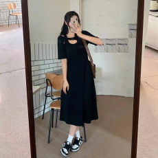 批发辣妹镂空纯色<b class='q'>连衣裙</b>女<b class='q'>夏</b>装新款胖mm黑色收腰简约气质长裙子潮