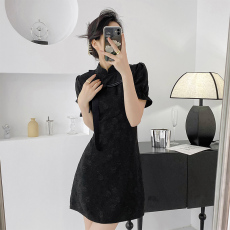 EIA一尧小暗夜新中式改良旗袍黑色连衣裙女短袖玫瑰提花裙子
