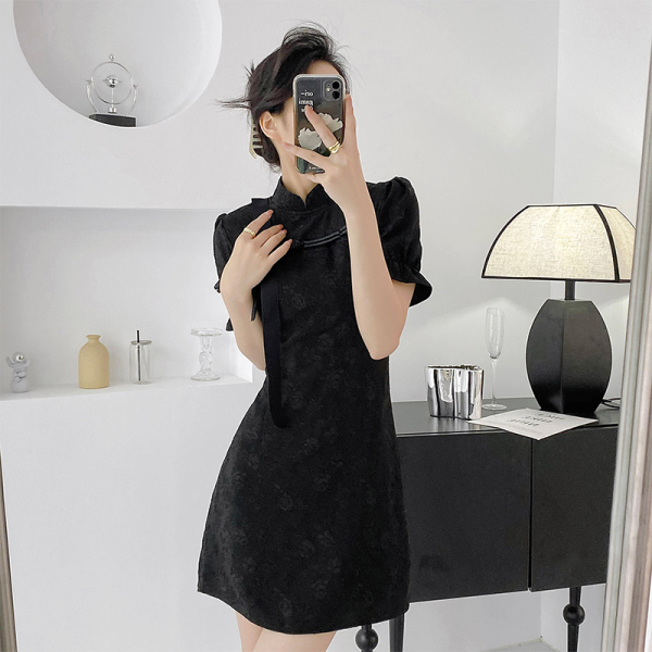 RM21328#小暗夜新中式改良旗袍黑色连衣裙女短袖玫瑰提花裙子