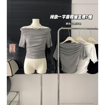 2023十三行春夏新款法式一字领高级感褶皱修身洋气百搭显瘦T恤女