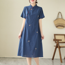 批发实拍一线大品牌高端剪标女装外贸出口<b class='q'>原</b><b class='q'>单</b>亚麻棉刺绣花旗袍连衣裙