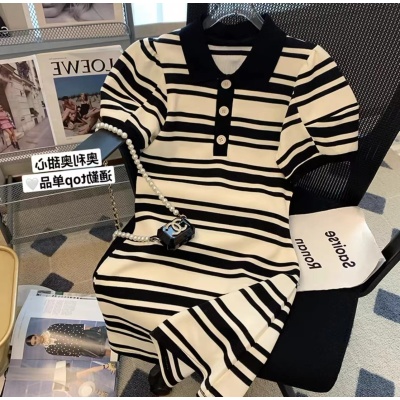 官网图法式条纹翻领泡泡袖连衣裙女新款收腰显瘦减龄休闲短袖裙子