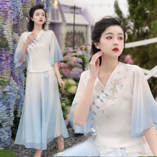批发原创版权国风刺绣V领汉元素七分袖上衣雪纺闺蜜阔腿裤套装淑女