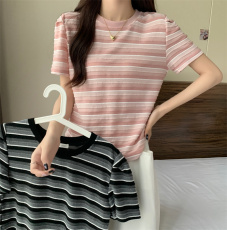 实拍~大码显瘦百搭条纹T恤女2023夏季新款胖mm圆领短袖上衣