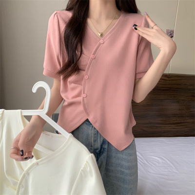 实拍实价~大码胖MM夏季新款不规则女微胖遮肉显瘦百搭纯色上衣女