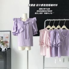 独立虫 浪漫曲 2023夏季新款小衫设计感泡泡短袖上衣女士衬衫