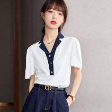 实拍◆◆2026V领海军风短款T恤女夏贝壳扣POLO撞色设计感上衣