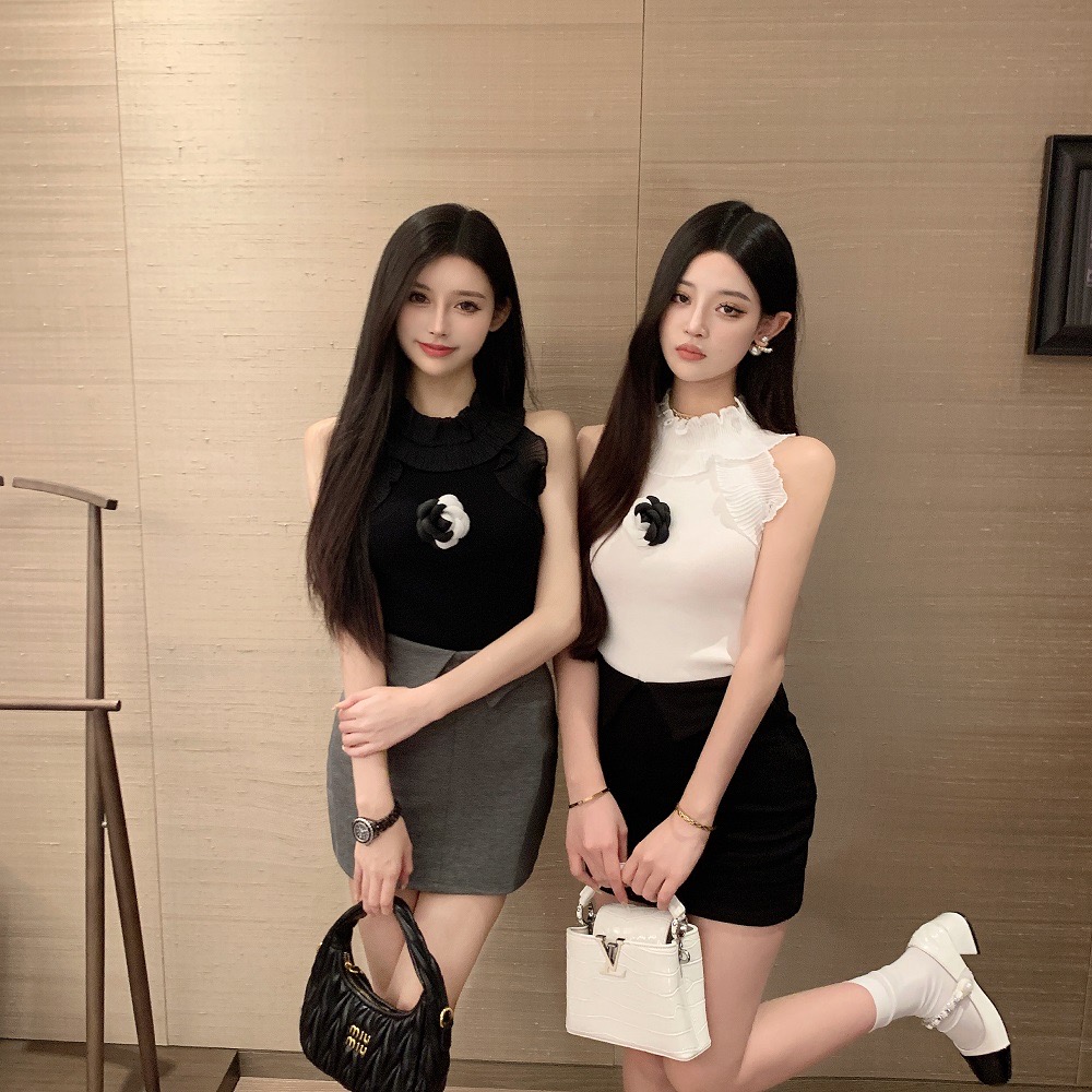 FA13089# 春夏新品小香风针织衫早春款挂脖设计上衣女1