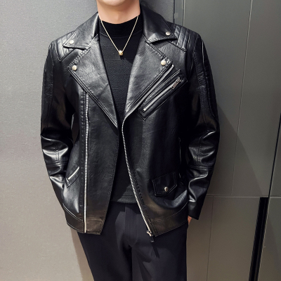2023春秋男士皮衣外套翻领斜拉链皮夹克男士机车皮外套帅气潮流