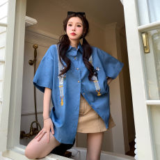 批发卡通刺绣复古童趣衬衫男女2023年夏季潮流百搭情侣小众设计感衬衣