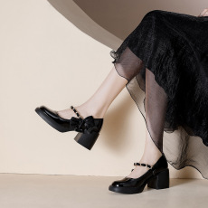 批发2023新款 玛丽珍高跟鞋圆头漆皮粗跟厚底一字带绑带单鞋女