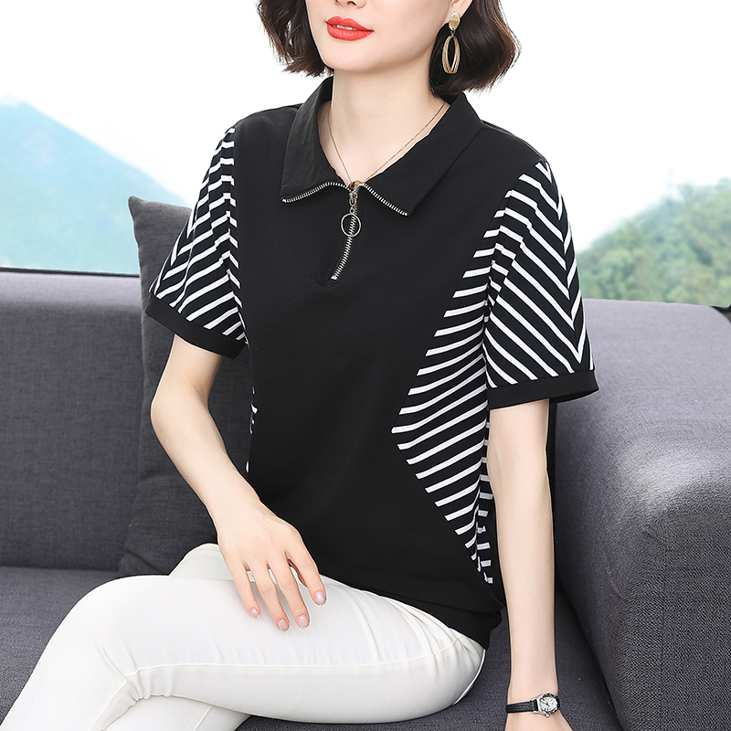 PF30258#条纹短袖t恤女新款半袖大码宽松百搭体恤POLO领上衣女春季女裝貨源服裝批發