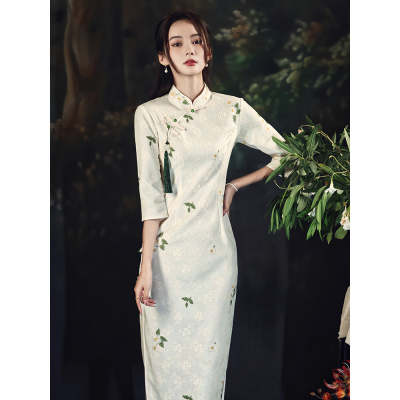 2023春季新款改良版旗袍中国风七分袖少女印花高端收腰气质连衣裙