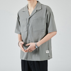 批发夏季简约纯色冰丝短袖衬衫男<b class='q'>日系</b><b class='q'>复古</b>宽松大码休闲落肩古巴领衬衣