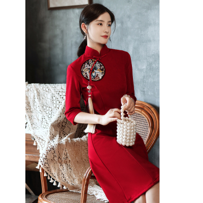 酒红色旗袍敬酒服新娘2023年新款拜年服长袖年轻款礼仪喜庆小个子