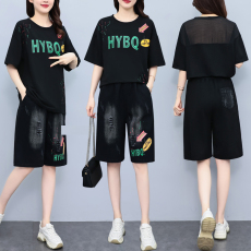 批发实拍 新款潮流套装女 宽松拼接雪纺牛仔五分裤 印花短袖大码女装