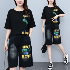 批发实拍 <b class='q'>夏</b>季潮流套装女 宽松拼接牛仔五分裤两件套印花短袖大码女装