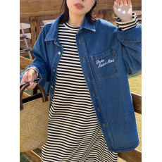 批发休闲套装女春秋大码宽松刺绣牛仔外套条纹长袖开叉连衣裙子两件套
