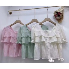 批发夏季<b class='q'>大码</b>女装胖MM法式荷叶边方领气质波点短袖娃娃衫减龄小衫上衣