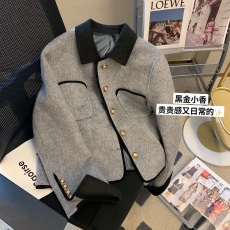 批发法式小香风撞色翻领外套女短款2022秋<b class='q'>冬</b>季新款高级感灰色毛呢上衣