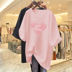 粉色t恤女夏季短袖2023年新款爱心纯棉中长款宽松欧货体恤衣服ins