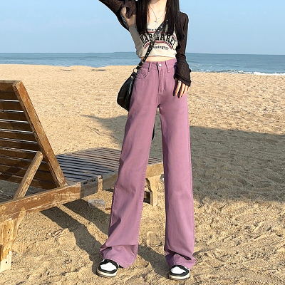 脏紫色宽松拖地阔脚裤2023春夏新款牛仔裤女直筒显瘦小个子垂感