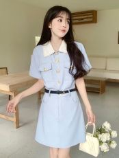实拍~大码女装夏季百搭中长款娃娃领A版短袖连衣裙小苍兰纯欲裙子