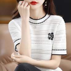 批发2022新款年轻妈妈夏装冰丝短袖t恤薄款针织小衫<b class='q'>中老年</b>女夏季套装