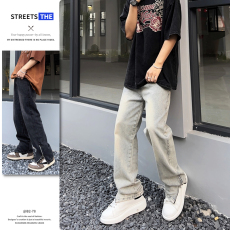 批发2023高街新款水洗泥黄直筒拉链牛仔裤男女款美式hiphop嘻哈长裤子