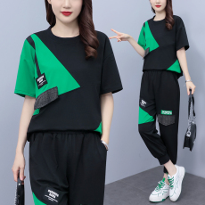 批发实拍 <b class='q'>夏</b>季新款套装女 胖MM宽松拼接牛仔短袖两件套时尚大码女装