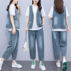 批发实拍 <b class='q'>夏</b>季新款套装女 时尚刺绣牛仔马甲裤子两件套宽松大码女装