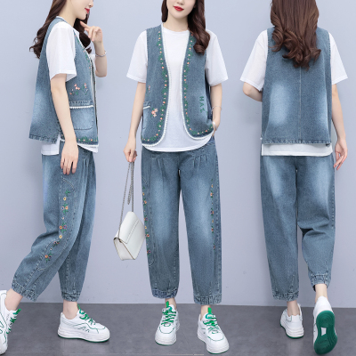 实拍 夏季新款套装女 时尚刺绣牛仔马甲裤子两件套宽松大码女装