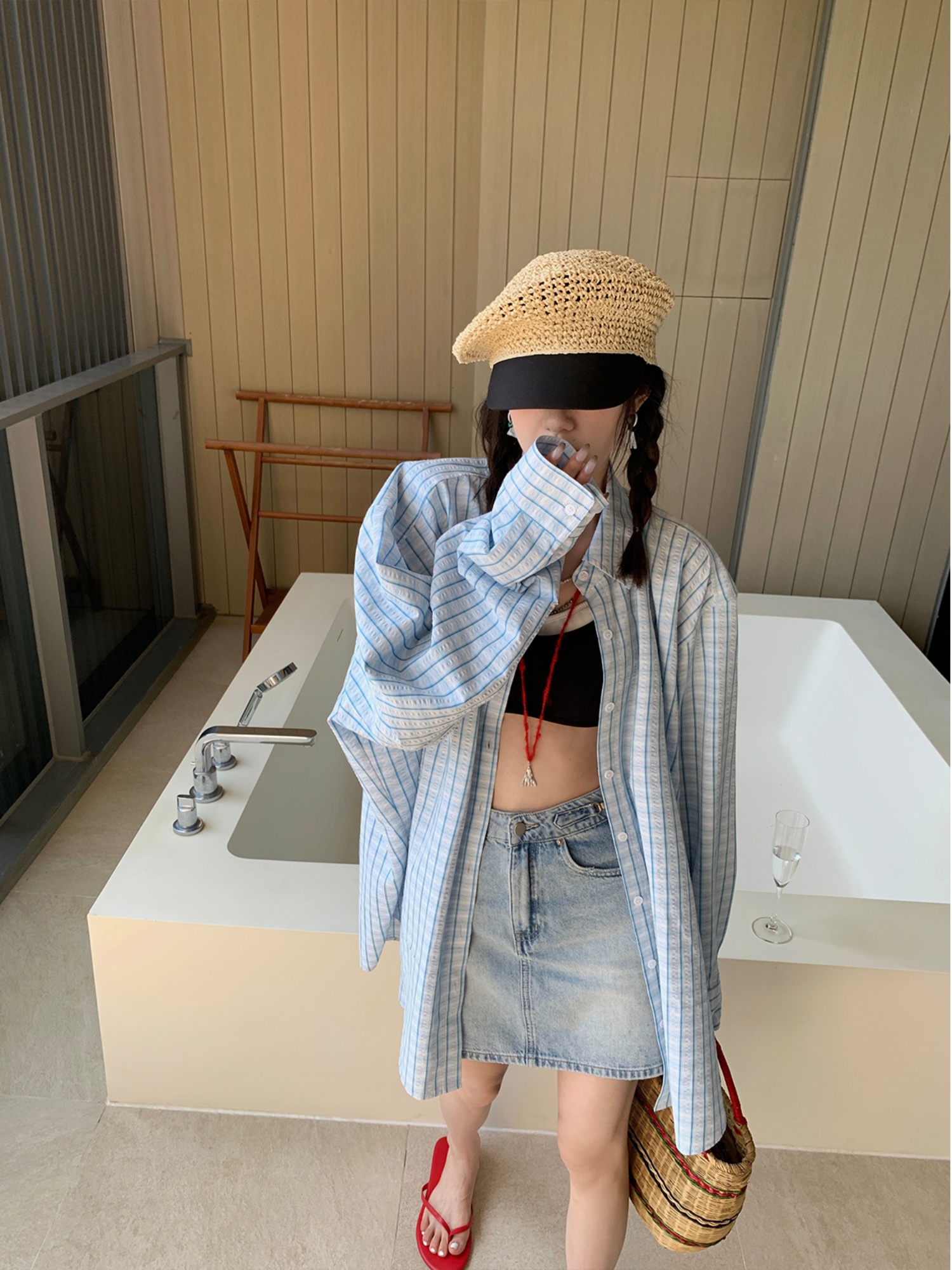 區區歐陽summer懶懶衫條紋襯衫女2024春季設計感小眾長袖防曬襯衣