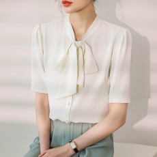 批发浪漫蝴蝶结 短袖雪纺面试<b class='q'>衬衫</b><b class='q'>女</b>夏季设计感飘带<b class='q'>衬衣</b><b class='q'>职业</b>上衣