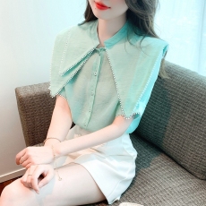 批发2026夏季新款绿色<b class='q'>娃娃领</b>尖领衬衫衬衣小衫短袖泡泡袖上衣小清新